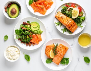 Ketogenc diet food on white marble table. Colorful and healtly anti-cancer plate. 