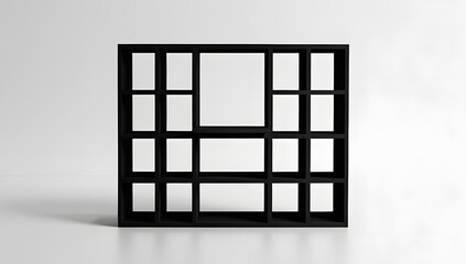 Black silhouette of a minimal rectangular shelf with one open cubby centered, surrounded by darkened compartments on a pure white background, evoking mystery, order, and modern simplicity
