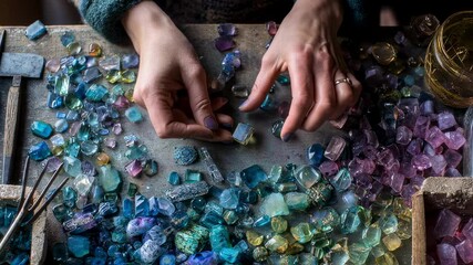Closeup of hands delicately sorting through a collection of radiant gemstones and glass beads each exhibiting intricate patterns and textures while scattered tools and materials surround