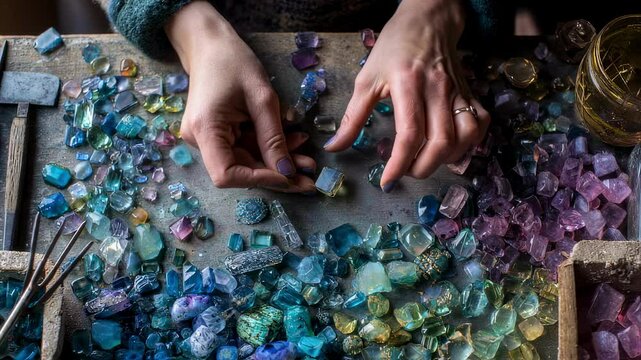 Closeup of hands delicately sorting through a collection of radiant gemstones and glass beads each exhibiting intricate patterns and textures while scattered tools and materials surround