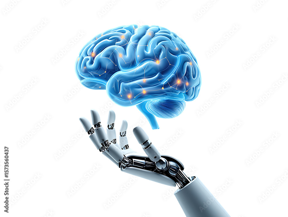 Poster artificial intelligence and the human brain a robotic hand gently holds the key to understanding neu
