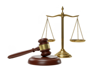 3D Rendering Golden Scales and Wooden Gavel Symbolizing Justice Illustration