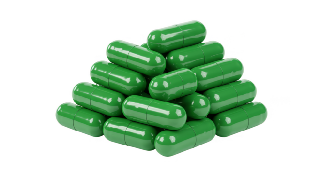 3d Rendering Green Capsules Stacked for Medication Health and Supplement
