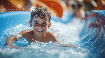 Young boy or kid has fun splashing into pool after going down water slide during summer