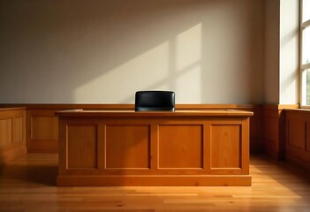 Generative AI Classic office interior featuring a wooden desk in sunlight