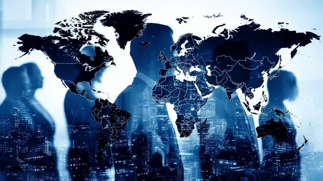 Silhouettes of business leaders framed by a hightech map illustrating the dynamic landscape of global commerce showcasing the importance of strategic partnerships and crossborder synergy