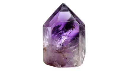 Amethyst crystal tower with facets and natural shine, isolated on transparent 