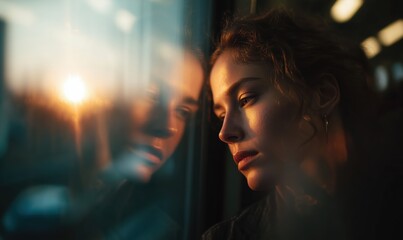 Young European woman leaning her forehead on the window of a train, blurring cityscape at sunset.