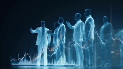 Dynamic animation featuring a group of animated colleagues each contributing unique skills while analyzing data trends highlighting the synergy of teamwork in a technological environment. - Powered by Adobe