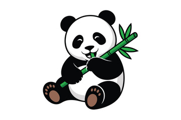 Cute cartoon panda sitting and eating a green bamboo stalk