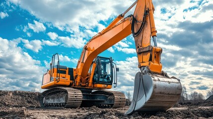 A large yellow excavator moving stone or soil in a quarry. Heavy construction hydraulic equipment. Excavation