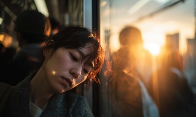 Young Asian woman leaning her forehead on the window of a train, blurring cityscape at sunset.