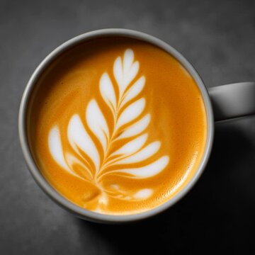 Cup of Latte with Rosetta Art on Dark Stone Background