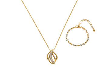 Isolated Jewelry Golden Necklace and Bracelet in Black Background PNG