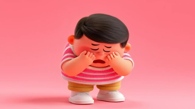 Crying Cartoon Boy in Pink Striped Shirt with Emotional Expression
