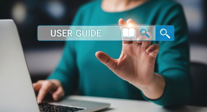 Person interacting with a digital user guide search interface on a laptop