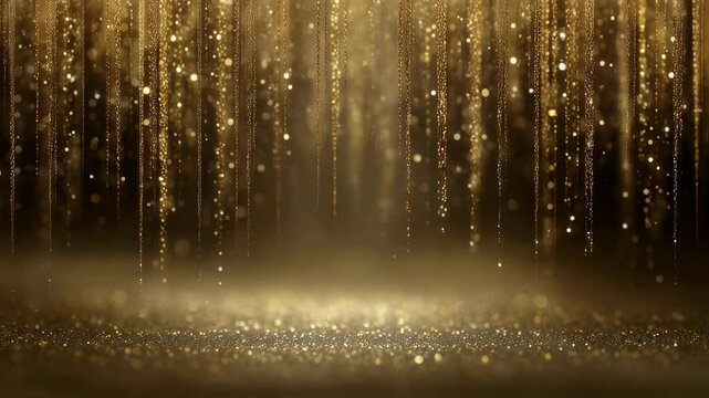 A soft radiant shower of gold glitter appears twinkling with light as it meanders softly downwards. The particles vary in size and opacity adding depth and a whimsical touch to the