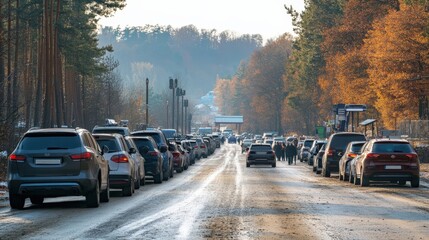 Back tail view of many cars stuck in row at highway road traffic jam warm hot sunny day at southern Europe. Automobile accident vehicle rush hour collapse. Transportation vacation seasonal stuck