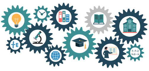 Interconnected gears symbolize education and learning with icons representing knowledge and progress