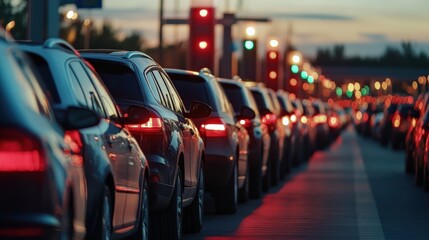 Back tail view of many cars stuck in row at highway road traffic jam warm hot sunny day at southern Europe. Automobile accident vehicle rush hour collapse. Transportation vacation seasonal stuck