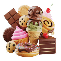 Assortment of delicious sweet treats including ice cream cookies cupcakes and chocolate