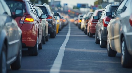 Obraz premium Back tail view of many cars stuck in row at highway road traffic jam warm hot sunny day at southern Europe. Automobile accident vehicle rush hour collapse. Transportation vacation seasonal stuck