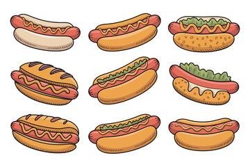 Collection of nine cartoon hot dogs with mustard and relish on white background
