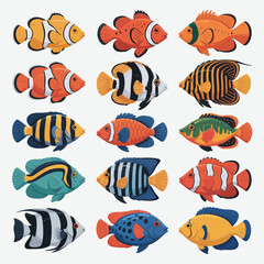 Collection of twelve colorful tropical fish illustrations in a grid pattern