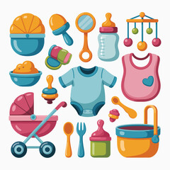 Collection of cute baby items including stroller bib bodysuit bottles and toys