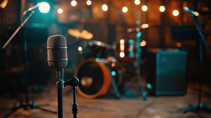 selective focus microphone and blur musical equipment guitar ,bass, drum piano background.