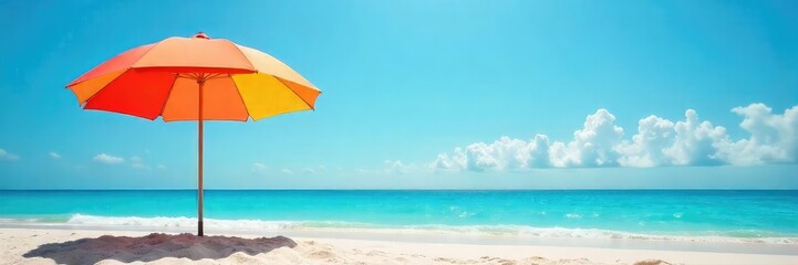 Vibrant Beach Umbrella Offers Shade on Sunny Shore, Perfect for Summer Vacation Relaxation