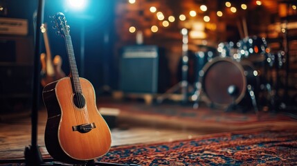 selective focus microphone and blur musical equipment guitar ,bass, drum piano background.
