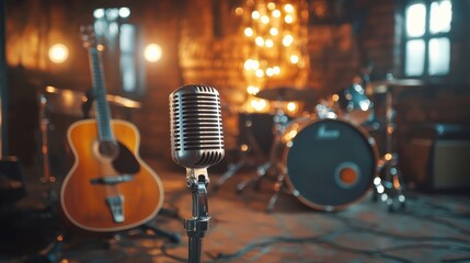 selective focus microphone and blur musical equipment guitar ,bass, drum piano background.