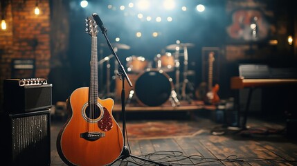selective focus microphone and blur musical equipment guitar ,bass, drum piano background.
