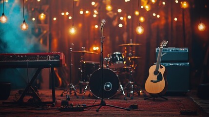 selective focus microphone and blur musical equipment guitar ,bass, drum piano background.