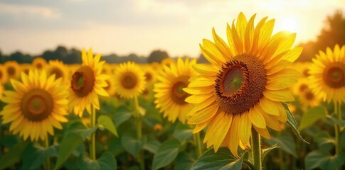 Sunflowers at Harvest Golden Hour in a Vibrant Field, Late Summer Optimism