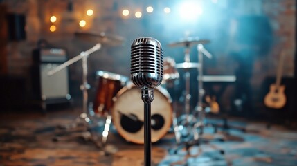 selective focus microphone and blur musical equipment guitar ,bass, drum piano background.
