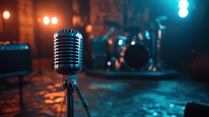 selective focus microphone and blur musical equipment guitar ,bass, drum piano background.