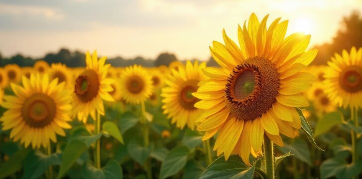 Sunflowers at Harvest Golden Hour in a Vibrant Field, Late Summer Optimism