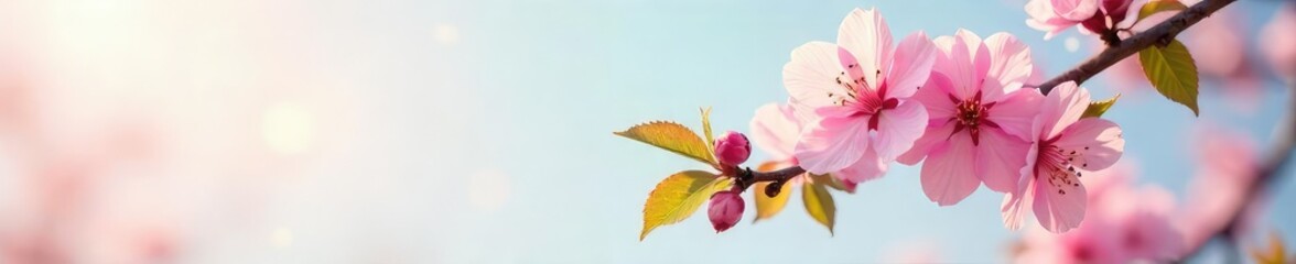 Fototapeta premium Peach Blossom Branch in Full Spring Bloom, Delicate Pink Petals Against Soft Blue Sky, Symbol of New Beginnings, Warm Weather Arrival, Spring Background Image