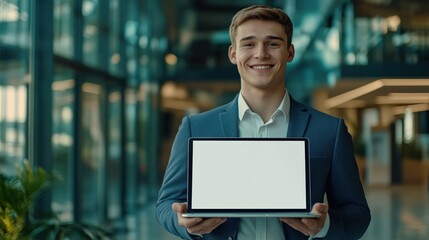 Young handsome businessman Holding a laptop Computer with Blank Screen