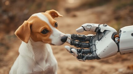 The robotic arm is artificial, pointing to a dog's nose. Whistle the dog's nose. High quality photo