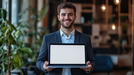 Young handsome businessman Holding a laptop Computer with Blank Screen
