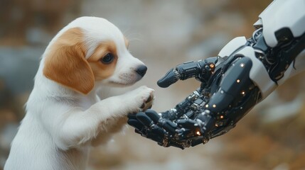 The robotic arm is artificial, pointing to a dog's nose. Whistle the dog's nose. High quality photo