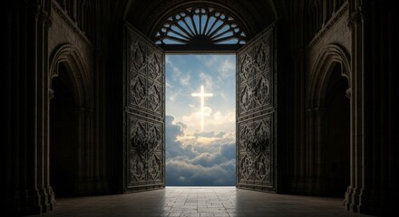 Fototapeta premium Open Church Door with Intricate Carvings Revealing Bright Sky and Glowing Cross Amid Clouds