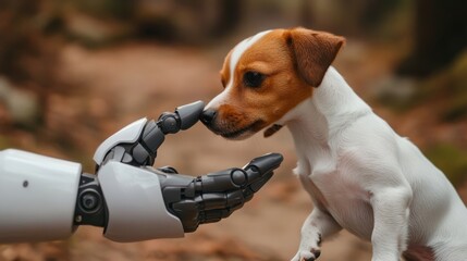 The robotic arm is artificial, pointing to a dog's nose. Whistle the dog's nose. High quality photo