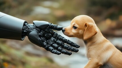 The robotic arm is artificial, pointing to a dog's nose. Whistle the dog's nose. High quality photo