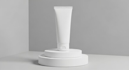 Minimalist white tube product displayed on white cylinders