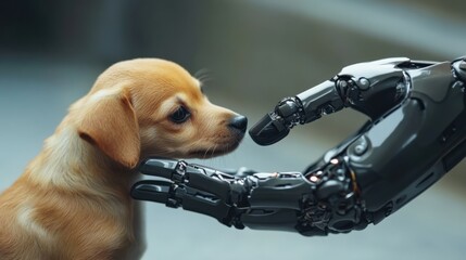 The robotic arm is artificial, pointing to a dog's nose. Whistle the dog's nose. High quality photo