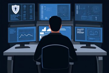A man sitting at a desk surrounded by multiple monitors, focusing on cybersecurity and data protection in a flat vector illustration.